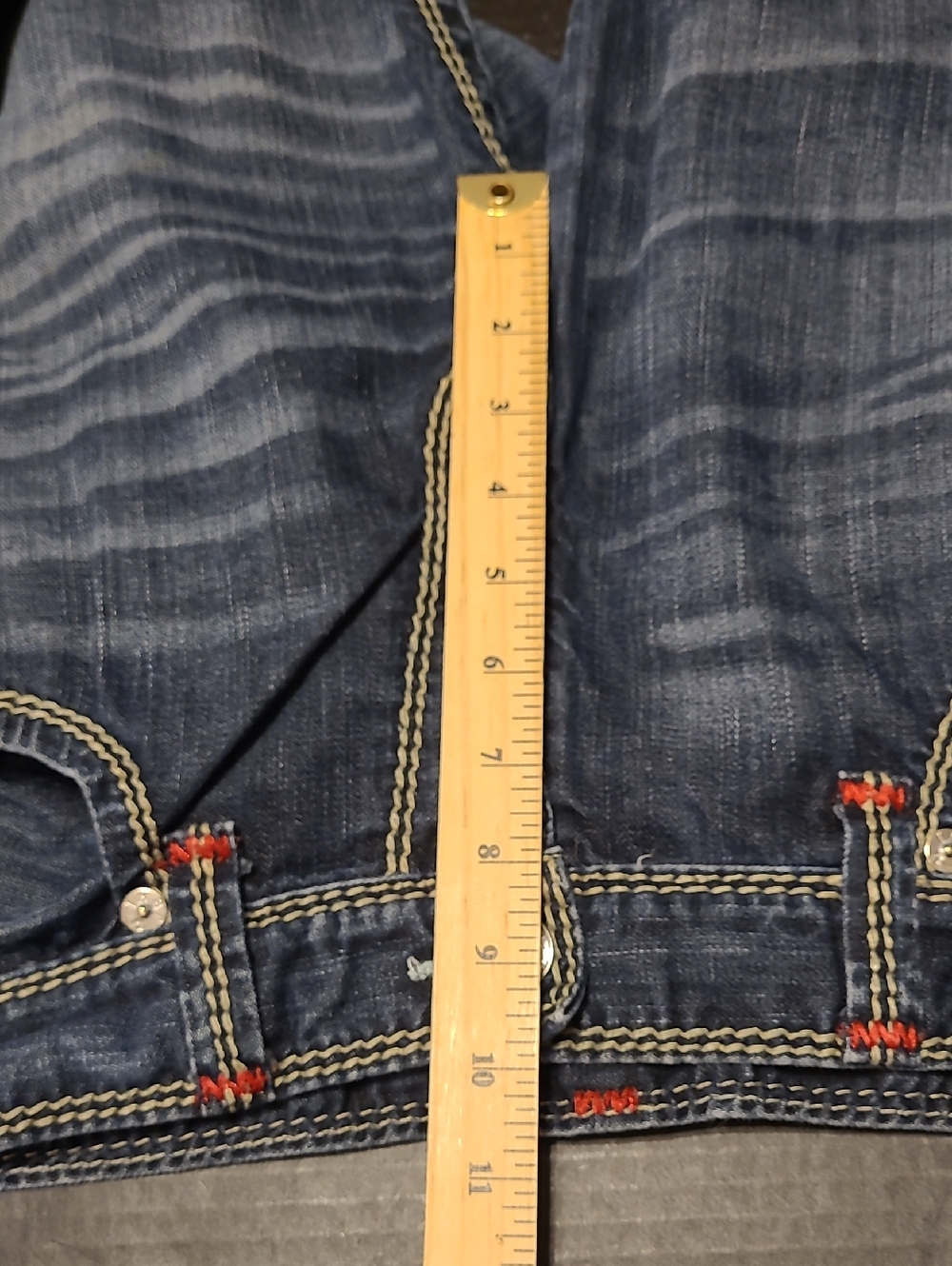 True Religion Dark Blue Straight Leg Jeans with Red Pocket Stitching - Picture 13 of 16